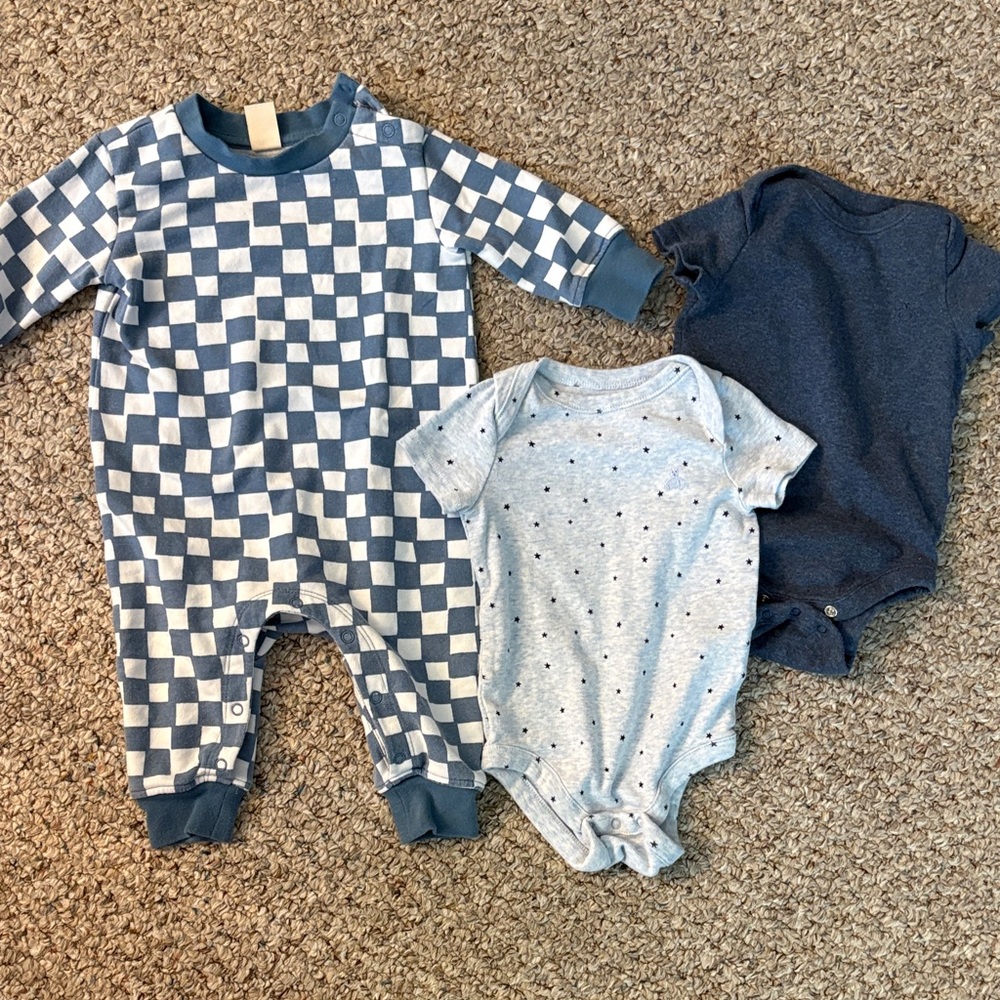 Tucker + Tate Blue Checker & Solid Infant One-Piece and 2 gap bodysuits